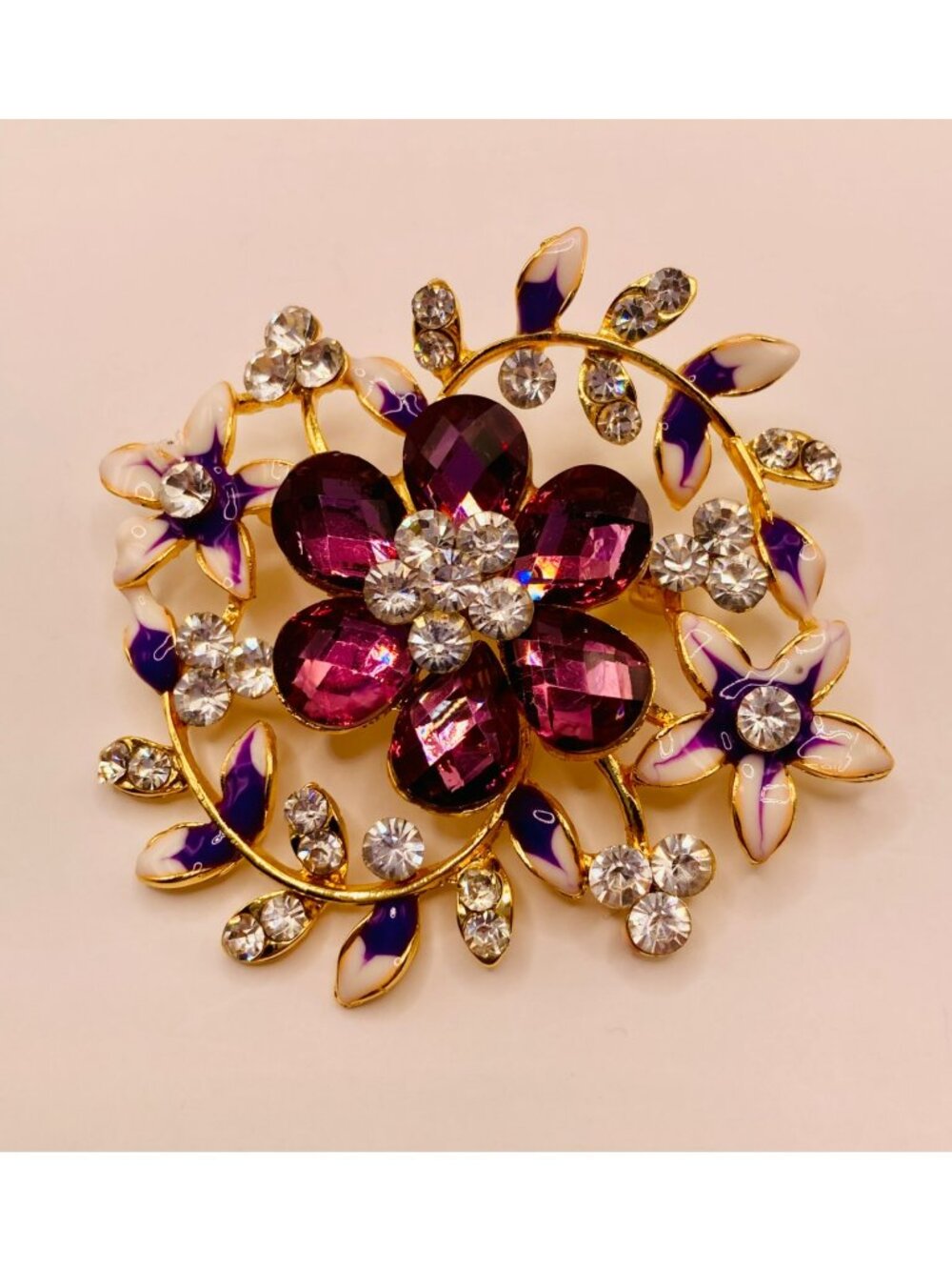 Floral Gold Tone Purple & Clear Rhinestone Brooch Pin -111B